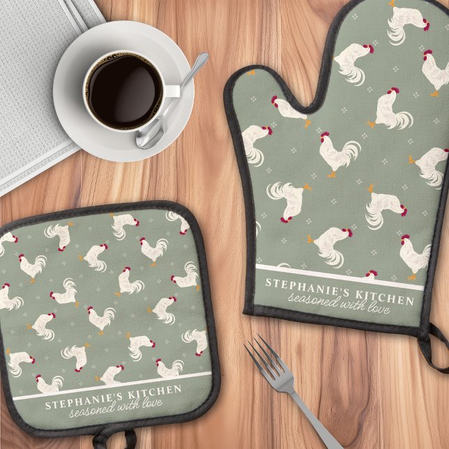 Country Roosters Pattern Sage Personalized Oven Mitt & Pot Holder Set (Creator Uploaded)