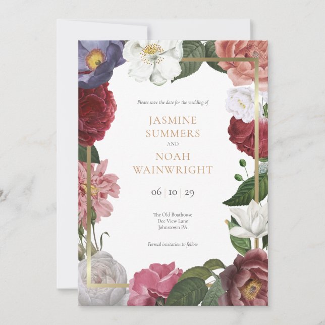 Country Rose Floral Gold Geometric Wedding Save The Date (Front)