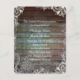 country rustic blue barn wood lace invitation