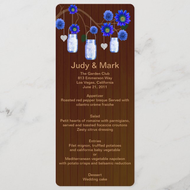 Country Rustic Blue Mason Jars Carte de menu Maria (Devant)