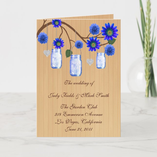 Country Rustic Blue Mason Jars Program Card (Front)