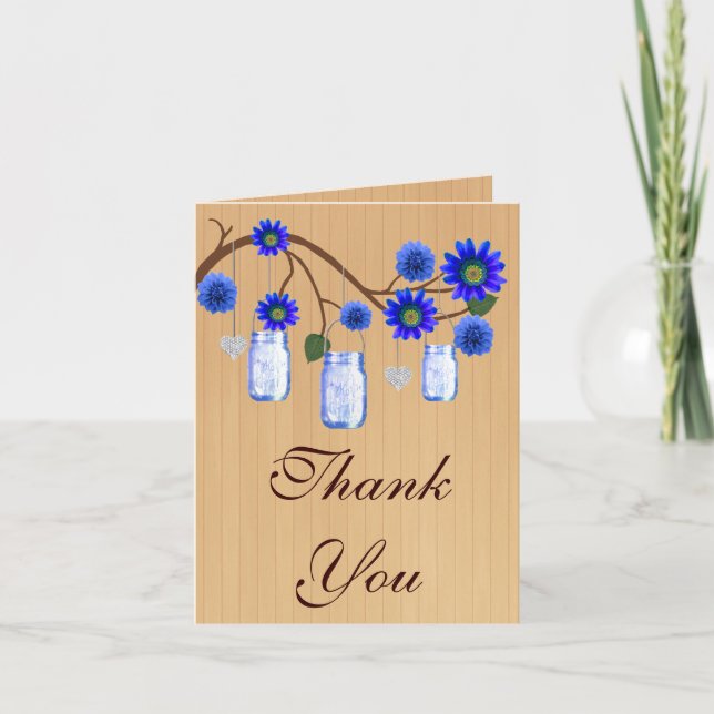 Country Rustic Blue Mason Jars Thank You Card (Front)