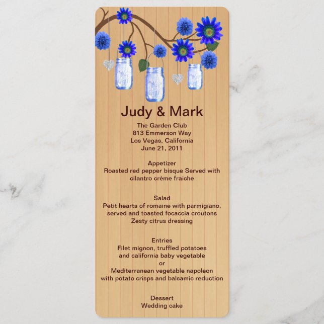 Country Rustic Blue Mason Jars Wedding Menu Card (Front)