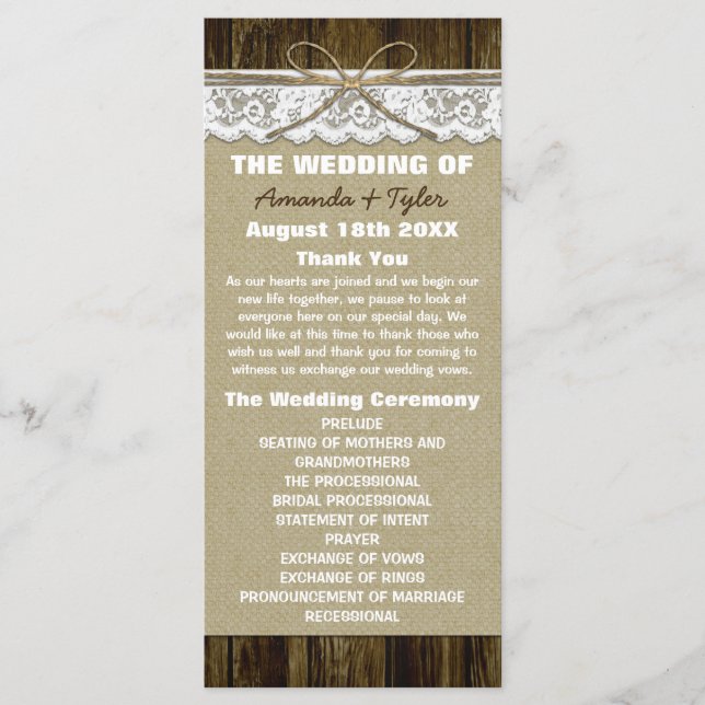 Country Rustic Burlap and Lace Wedding Programs (Front)
