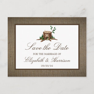 Country Rustic Burlap Monogram Tree Save The Date Announcement Postcard