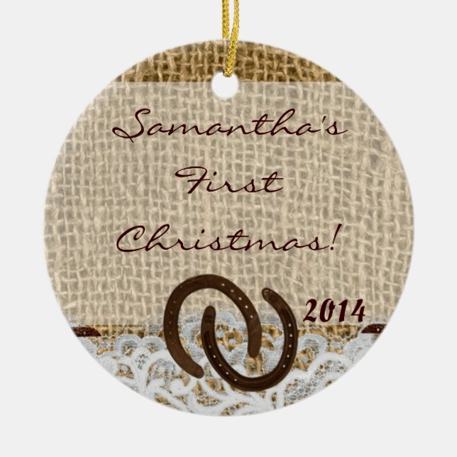 Country Rustic Burlap Personalized Name Ornament (Front)