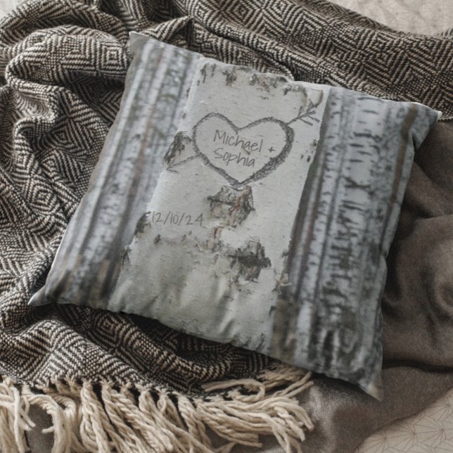 Country Rustic Carved Heart Birch Tree Throw Pillow (Creator Uploaded)