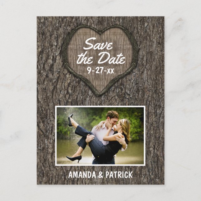 Country Rustic Carved Oak Tree Save The Date Cards (Front)