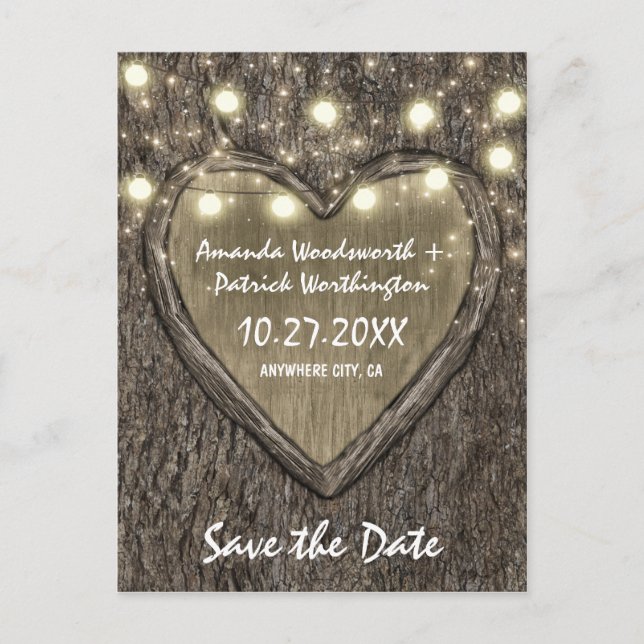 Country Rustic Carved Oak Tree Save The Date Cards (Front)