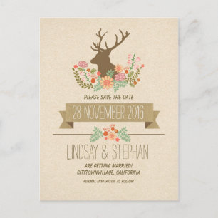 Country rustic deer antlers save the date postcard
