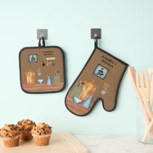 Country Rustic Farmhouse Kitchen Personalized Oven Mitt & Pot Holder Set