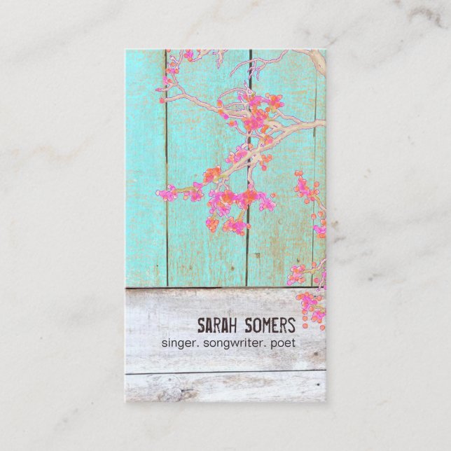 Country Rustic Floral Turquoise Wood Business Card (Front)