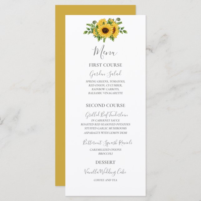 Country Rustic Gold Floral Sunflower Wedding Menu (Front/Back)