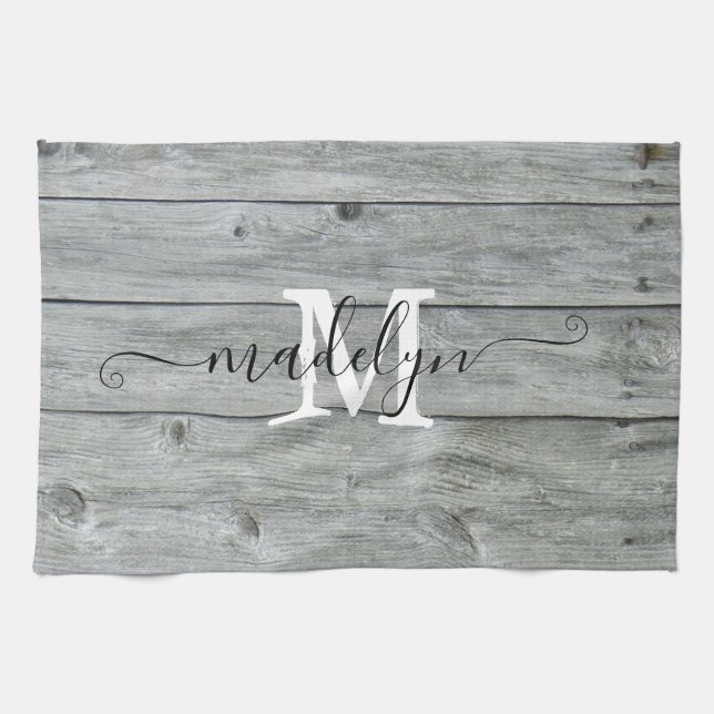 Country Rustic Grey Pattern Monogram Script  Kitchen Towel (Horizontal)