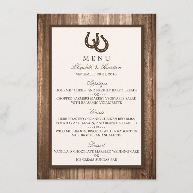 Country Rustic Horseshoe & Brown Wood Mariage Menu (Devant)