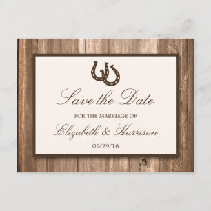 Country Rustic Horseshoe, Brown Wood Save The Date Announcement Postcard