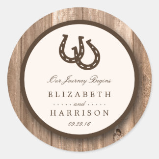 Country Rustic Horseshoe & Brown Wood Wedding Classic Round Sticker