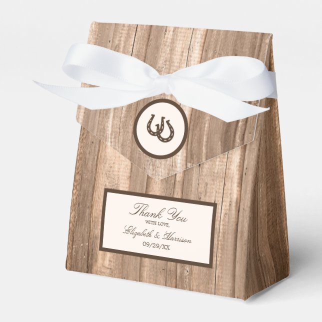 Country Rustic Horseshoe & Brown Wood Wedding Favor Box (Front Side)