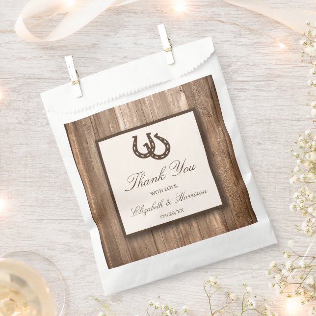 Country Rustic Horseshoe & Brown Wood Wedding Favour Bag (Clipped)
