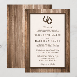 Country Rustic Horseshoe & Brown Wood Wedding Invitation