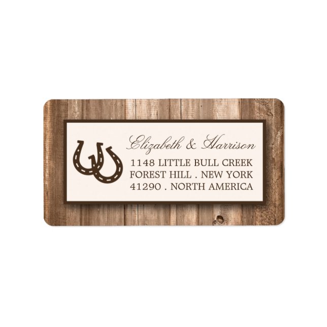 Country Rustic Horseshoe & Brown Wood Wedding Label (Front)