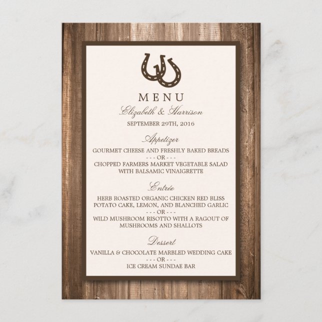 Country Rustic Horseshoe & Brown Wood Wedding Menu (Front)