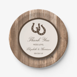 Country Rustic Horseshoe & Brown Wood Wedding Paper Plate