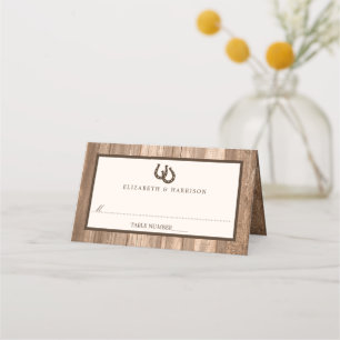 Country Rustic Horseshoe & Brown Wood Wedding Place Card