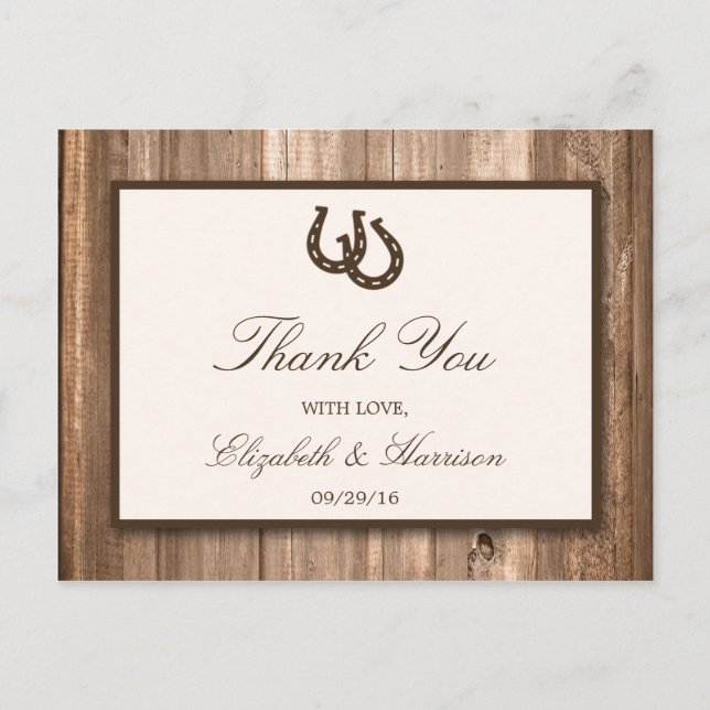 Country Rustic Horseshoe & Brown Wood Wedding Postcard (Front)