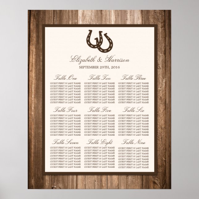 Country Rustic Horseshoe & Brown Wood Wedding Poster (Front)