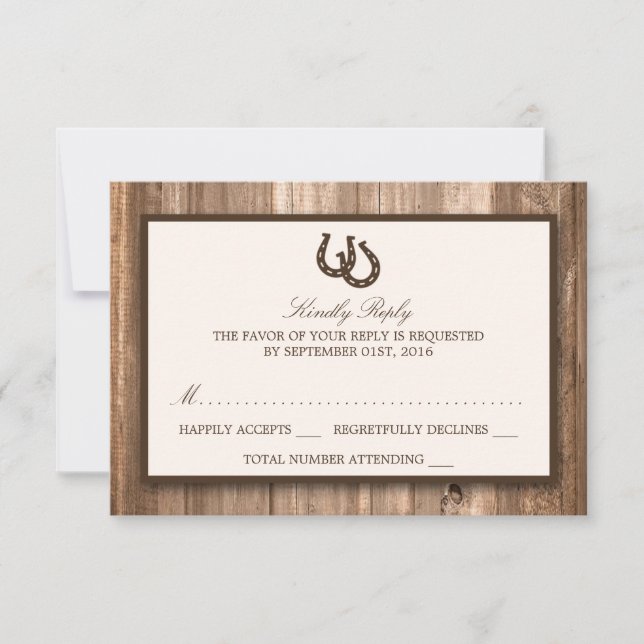 Country Rustic Horseshoe & Brown Wood Wedding RSVP (Front)