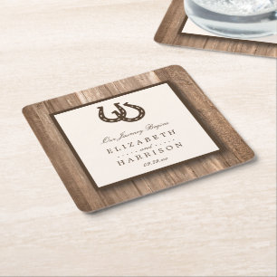 Country Rustic Horseshoe & Brown Wood Wedding Square Paper Coaster