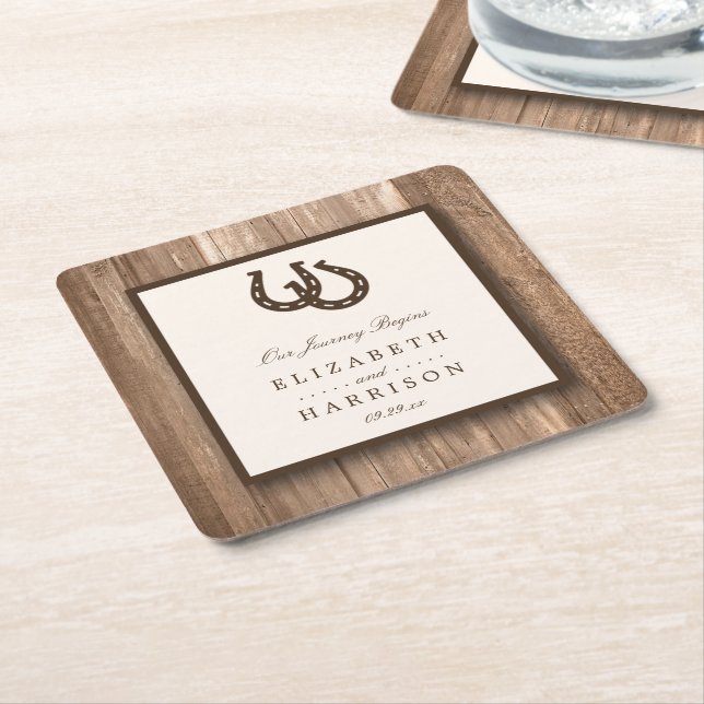 Country Rustic Horseshoe & Brown Wood Wedding Square Paper Coaster (Angled)