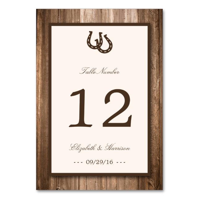 Country Rustic Horseshoe & Brown Wood Wedding Table Number (Front)