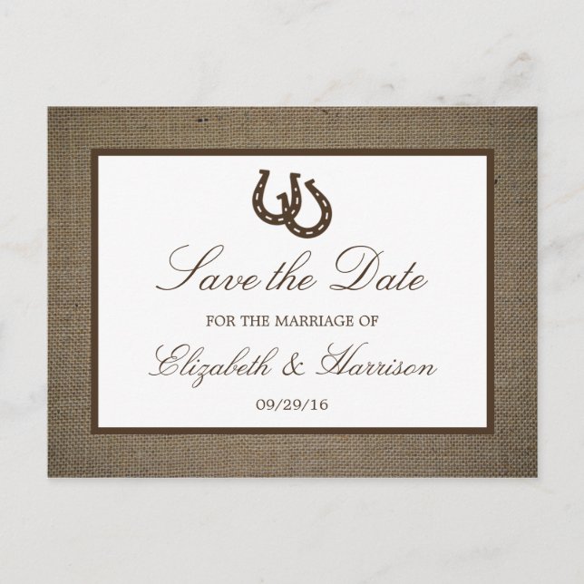 Country Rustic Horseshoe On Burlap Save The Date Announcement Postcard (Front)
