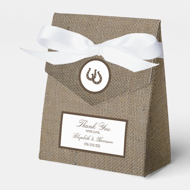 Country Rustic Horseshoe On Burlap Wedding Favor Box (Front Side)