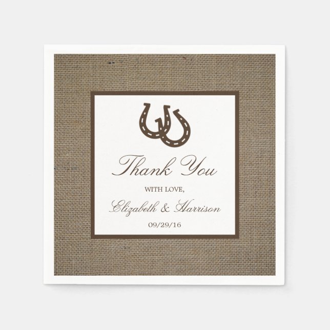 Country Rustic Horseshoe On Burlap Wedding Napkin (Front)