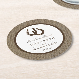 Country Rustic Horseshoe On Burlap Wedding Round Paper Coaster