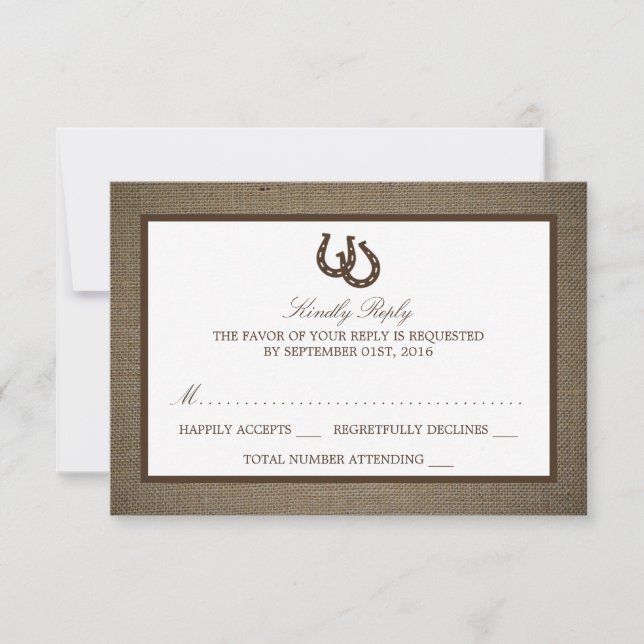 Country Rustic Horseshoe On Burlap Wedding RSVP Card (Front)