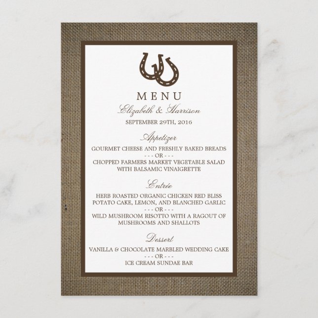 Country Rustic Horseshoe Sur Burlap Menu Mariage (Devant)