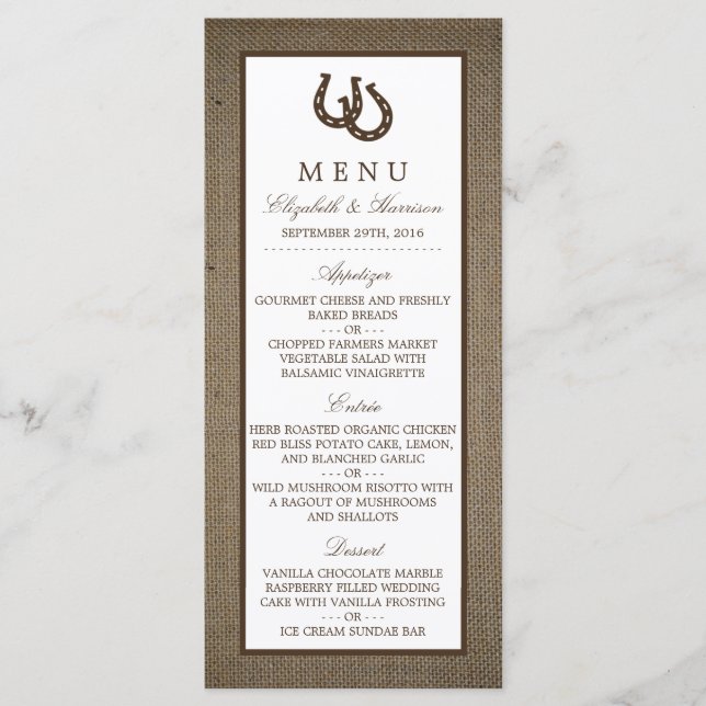 Country Rustic Horseshoe Sur Burlap Menu Mariage (Devant)