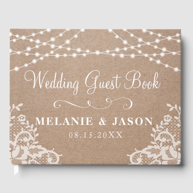 Country Rustic Kraft and Lace Wedding Guest Book (Front)