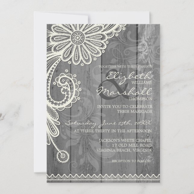 Country Rustic Lace & Wood Floral Wedding Invite (Front)