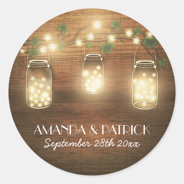Country Rustic Lights Mason Jar Wedding Favours Classic Round Sticker (Front)