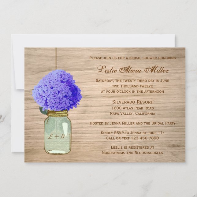 Country Rustic Mason Jar Cornflower Blue Hydrangea Invitation (Front)