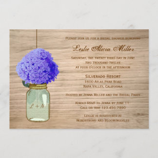 Country Rustic Mason Jar Cornflower Blue Hydrangea Invitation