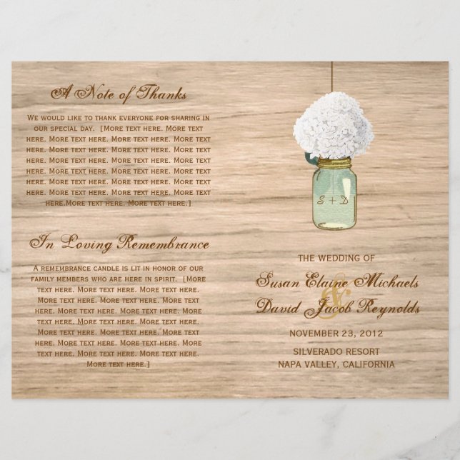 Country Rustic Mason Jar Hydrangea Program (Front)