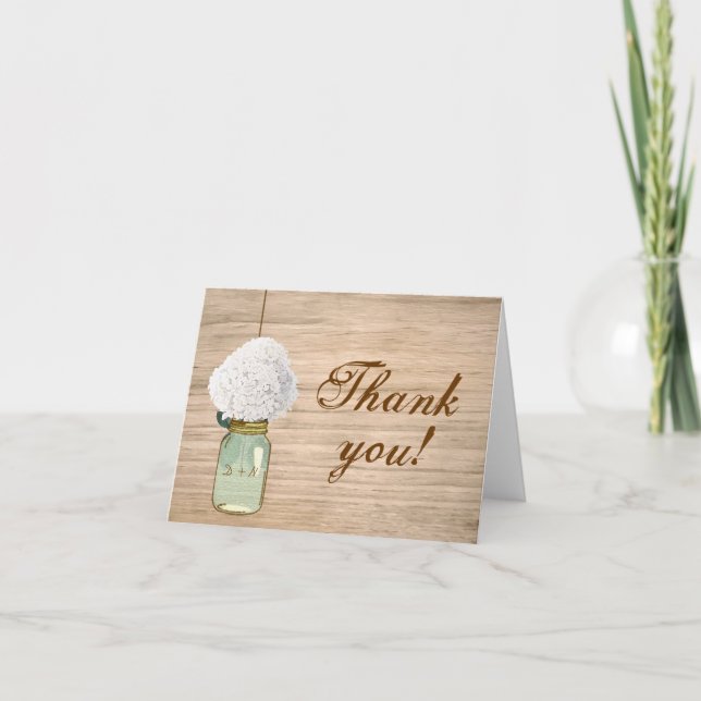 Country Rustic Mason Jar Hydrangea Thank You Card (Front)