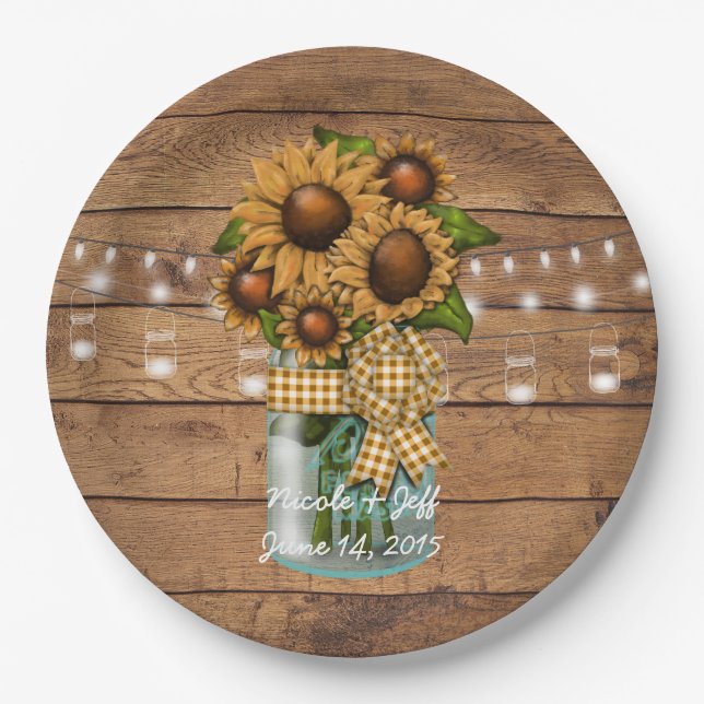 Country Rustic Mason Jar with Sunflower Paper Plate (Front)