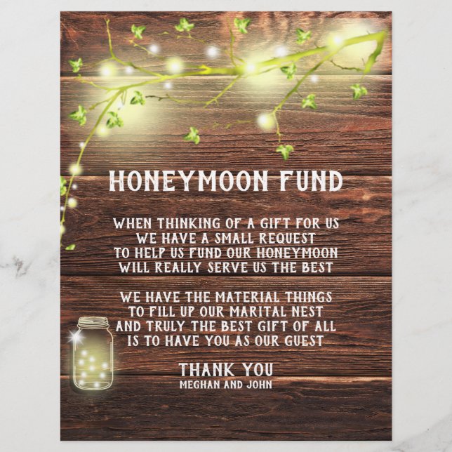 Country Rustic Mason String Lights Honeymoon Fund Letterhead (Front)